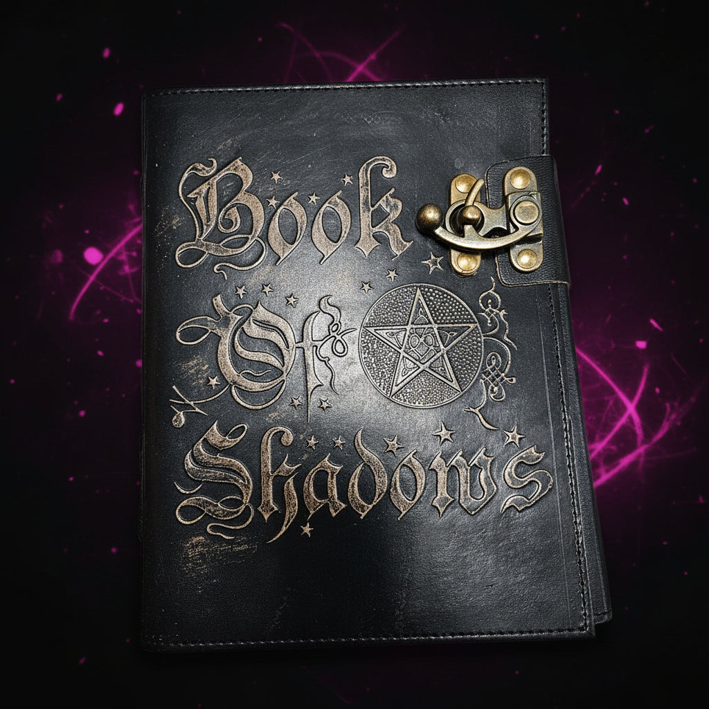 Black leather journal with embossed designs and a pentagram symbol on a patterned background