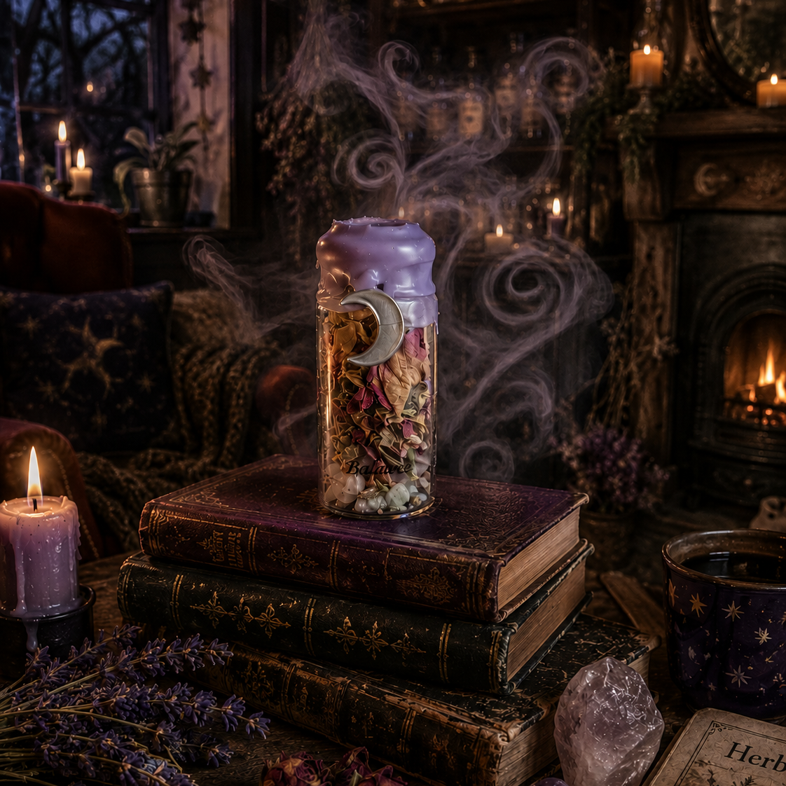 Decorative setup with candles, books, and a crystal ball in a mystical setting.
