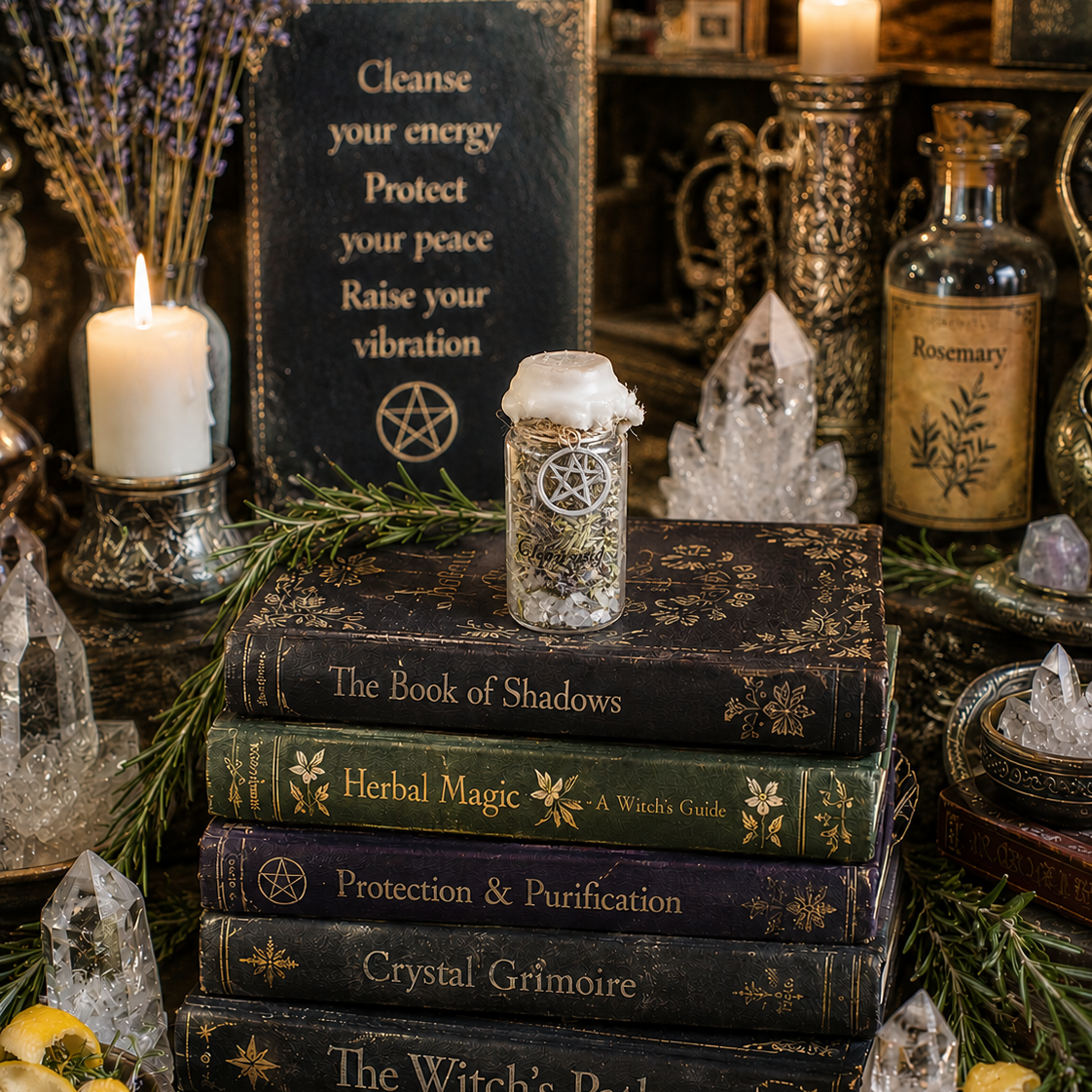 Stack of witchcraft books with candles, crystals, and herbs on a dark background