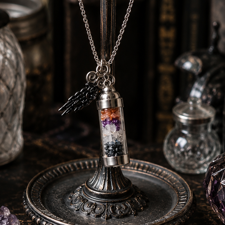 Decorative necklace on an ornate stand with candles and crystals in the background