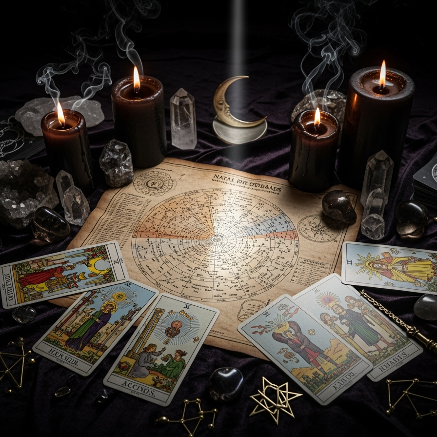 Tarot cards, candles, and crystals on a dark cloth with a starry night sky background.