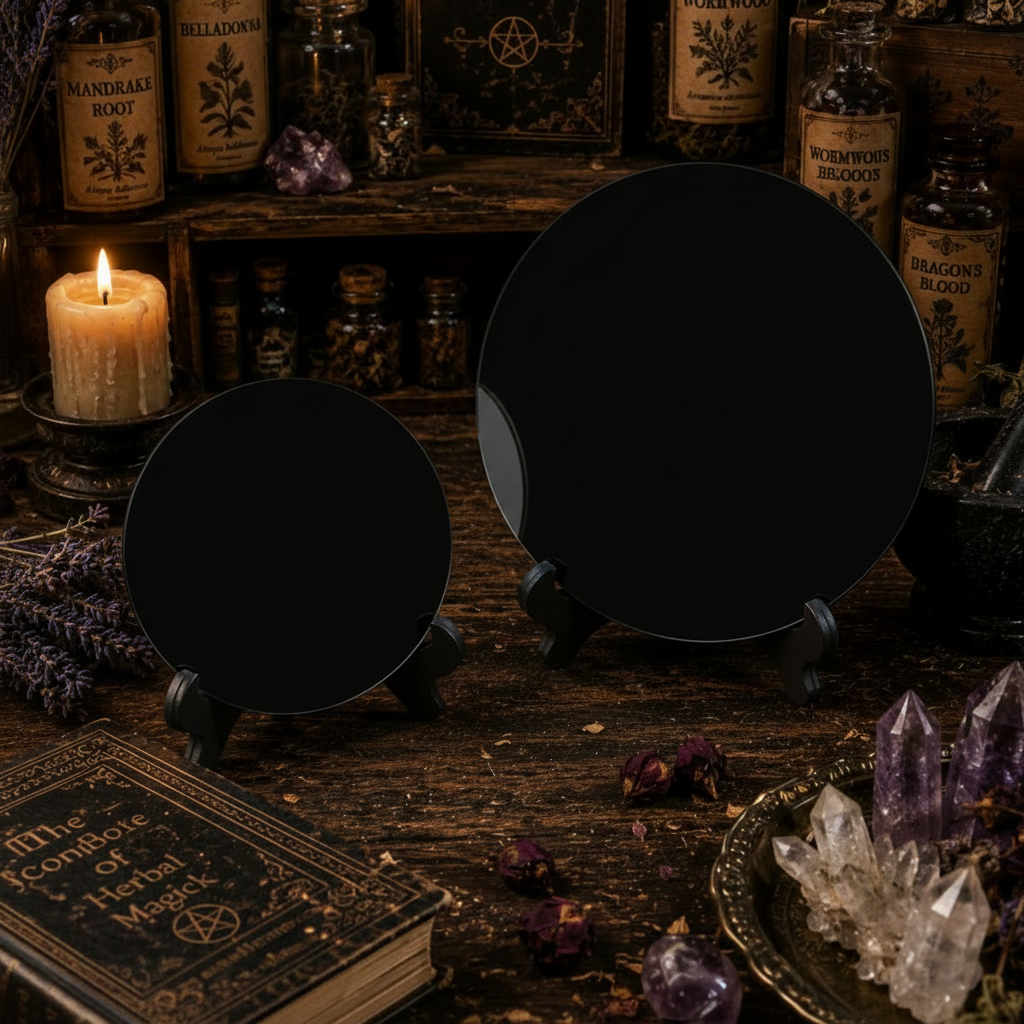 Witchcraft-themed setting with bottles, candles, books, and crystals on a wooden surface.