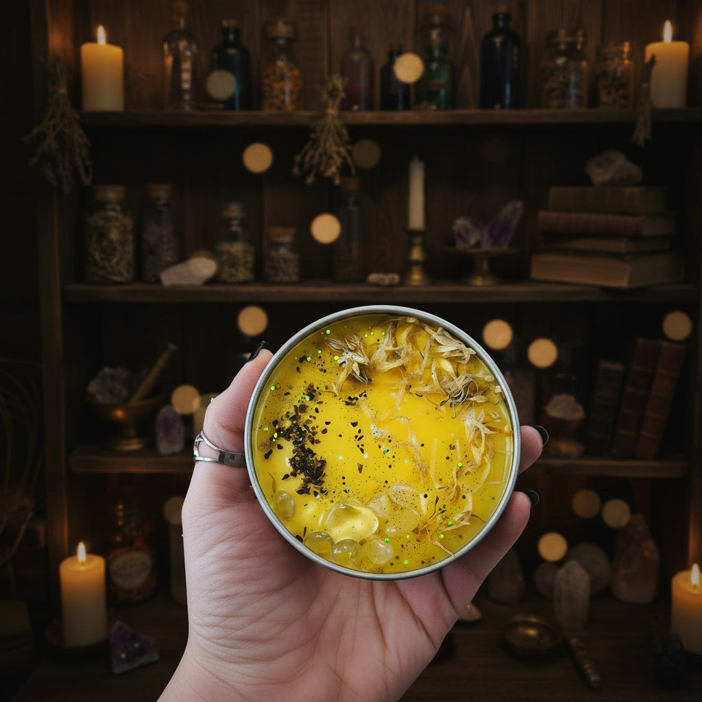 hand holding a yellow candle with herbs and crystals on top
