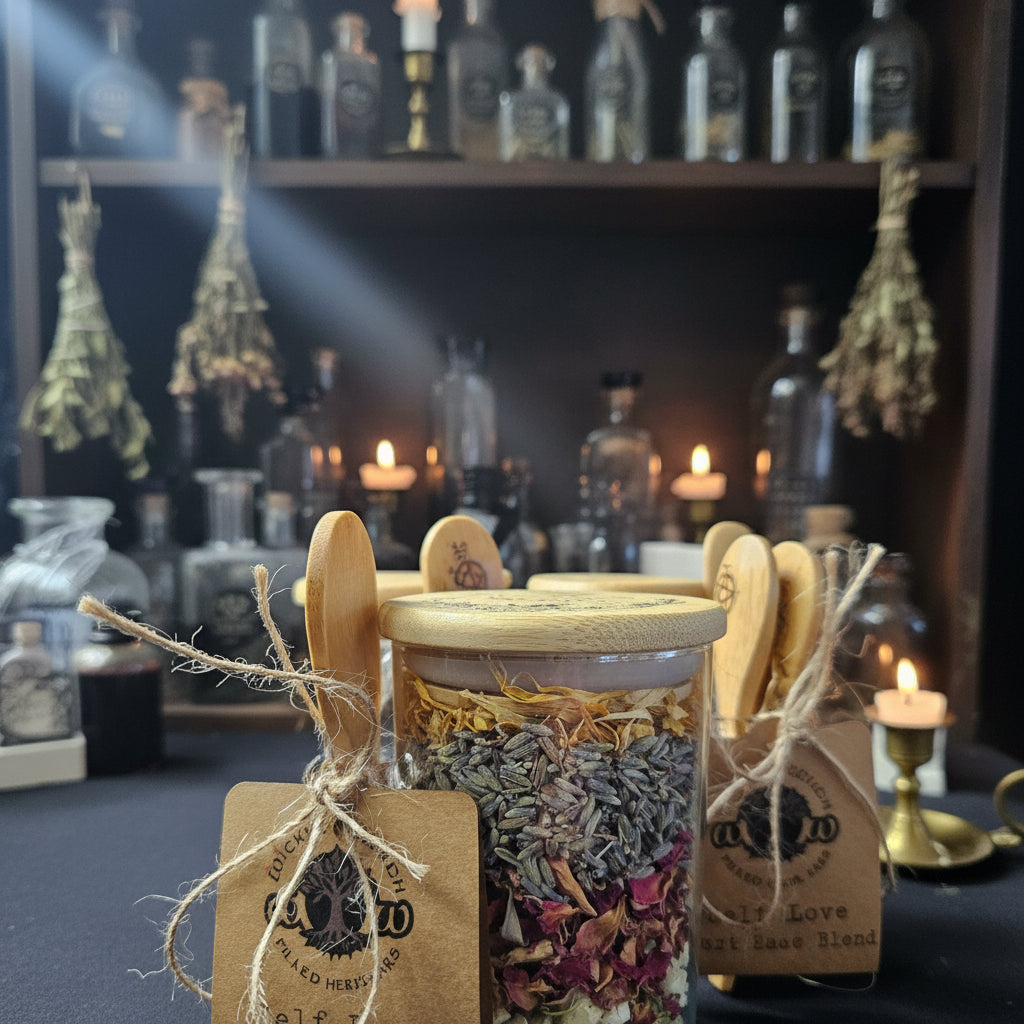 Glass jar filled with dried herbs labeled 'Self Love Blend' on a wooden stand.