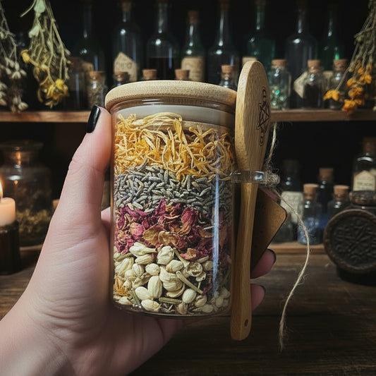 Glass jar with wooden lid filled with dried herbs and flowers, held by a hand.