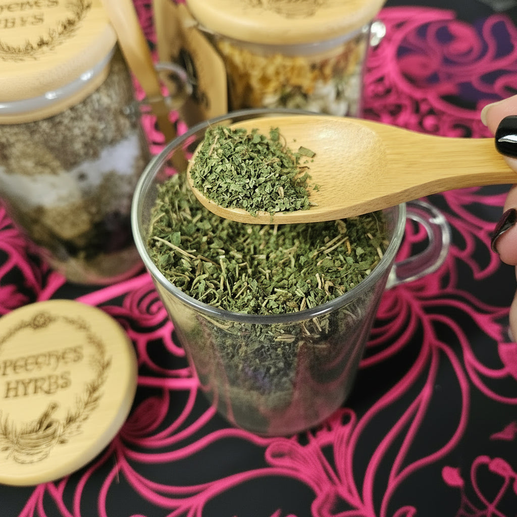 Glass jar with dried herbs, wooden spoon, and labels on a purple patterned background