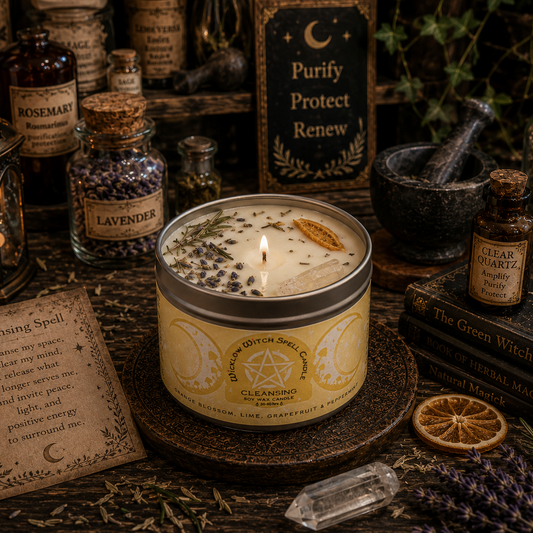 Candle in a tin surrounded by herbs, bottles, and a sign with 'Purify Protect Renew' on a dark background.