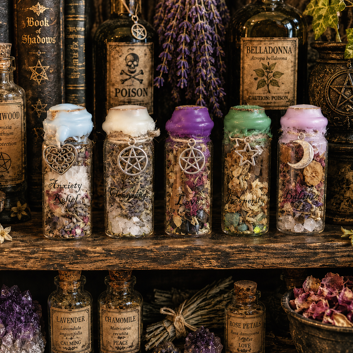Collection of mystical bottles and candles on a wooden shelf with herbs and books.