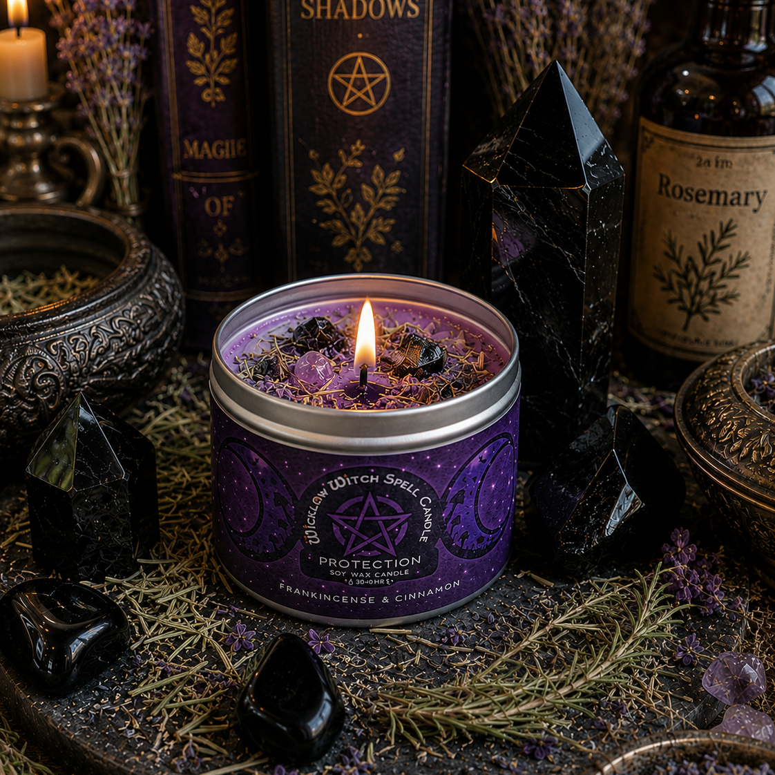 Candle in a purple container with 'Book of Shadows' and other mystical items on a dark surface