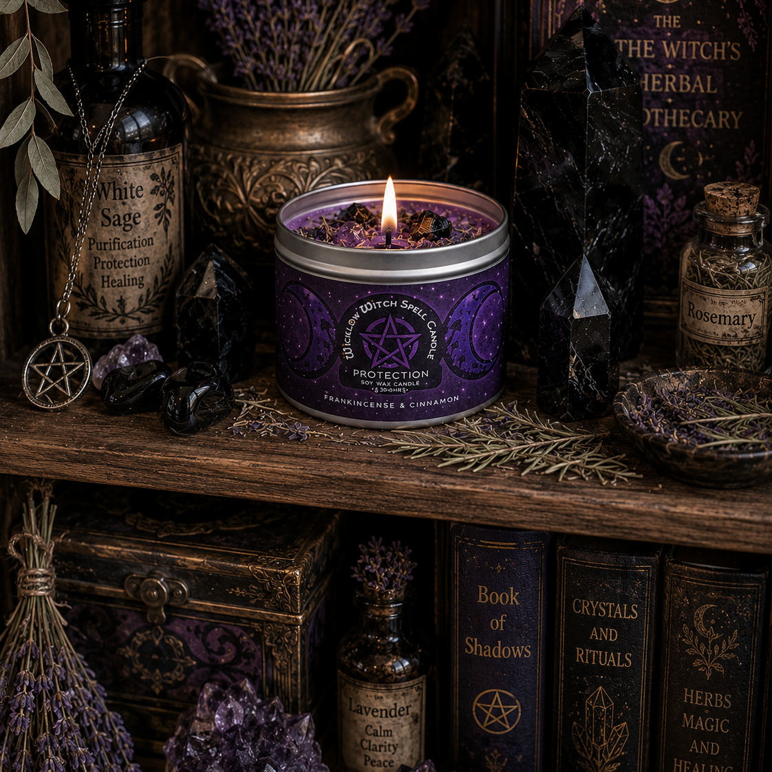 Purple candle with wiccan symbols on a shelf with books, bottles, and lavender.