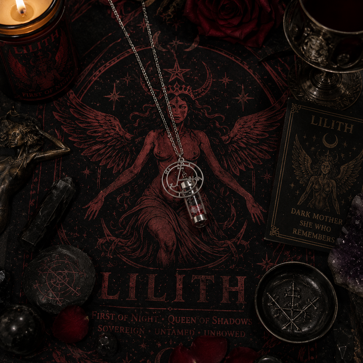 Necklace with pendant on a dark background featuring a depiction of Lilith.
