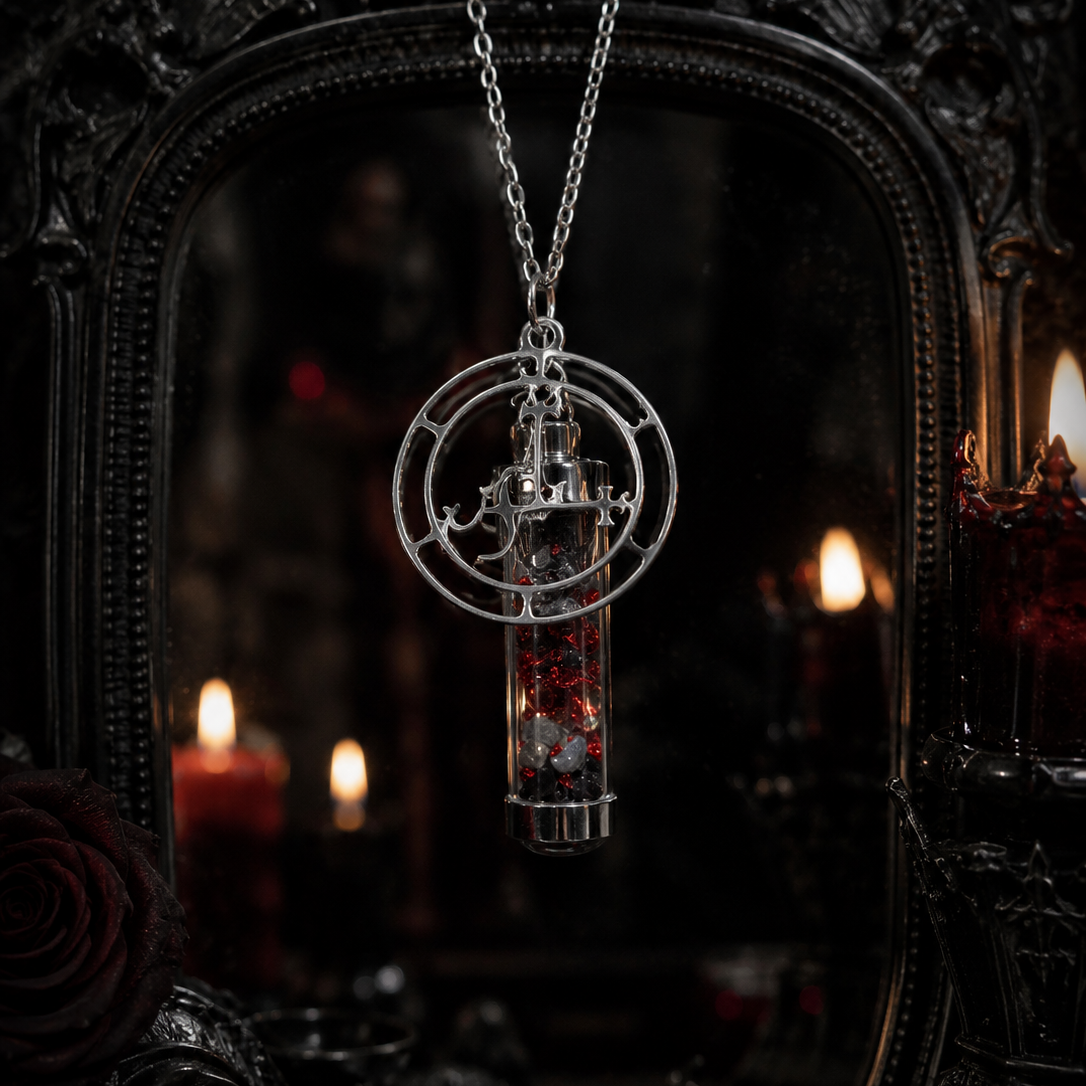 Necklace with a circular pendant and glass container against a dark, candlelit background
