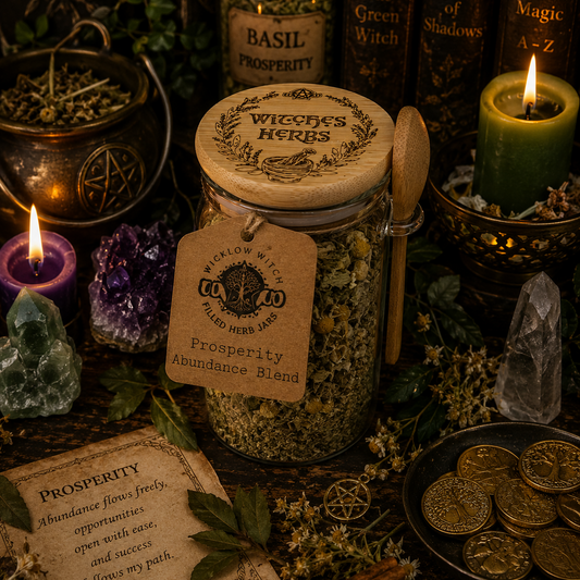 Jar of Witches Herbs with candles, crystals, and coins on a dark background