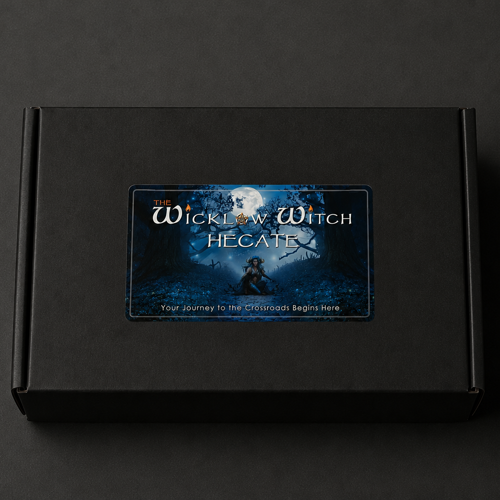 Black box with a label featuring 'The Wicklow Witch' on a dark background