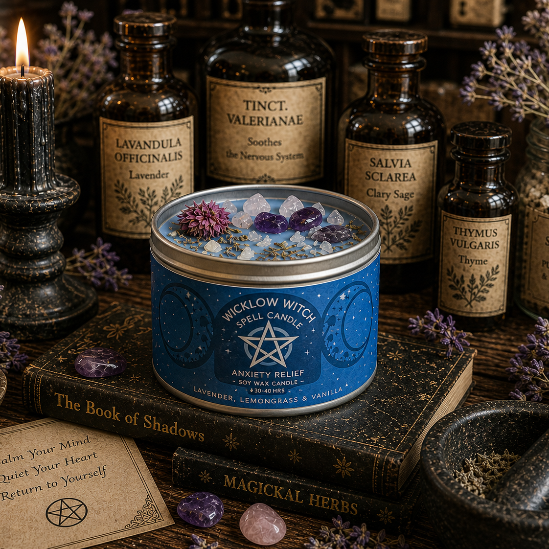 Wiccan or magical supplies including bottles, a candle, and a blue candle with a pentacle design on a wooden surface.
