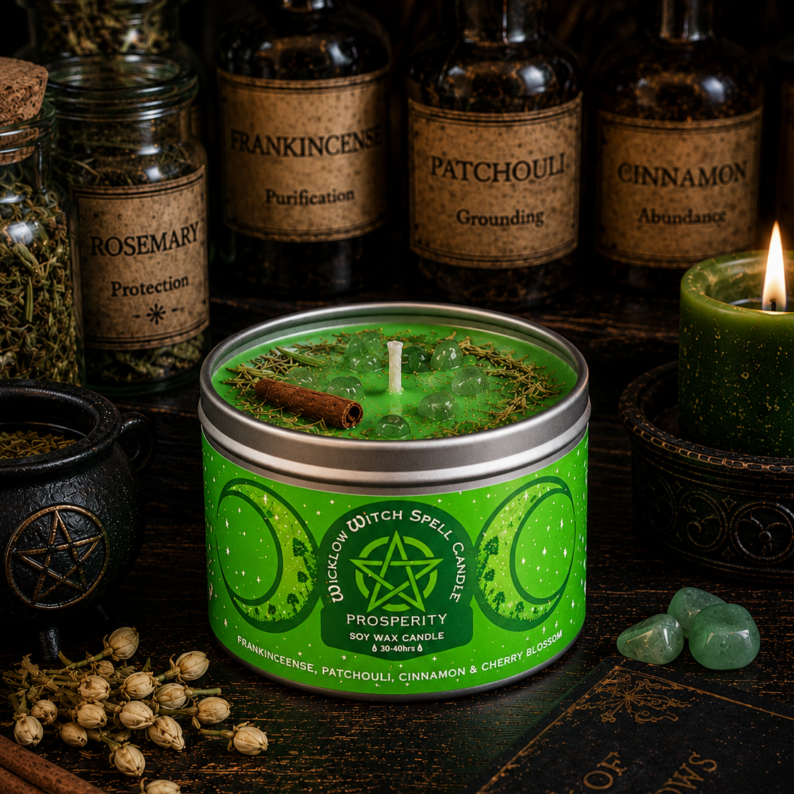 Green candle in a tin surrounded by various bottles and herbs on a dark surface