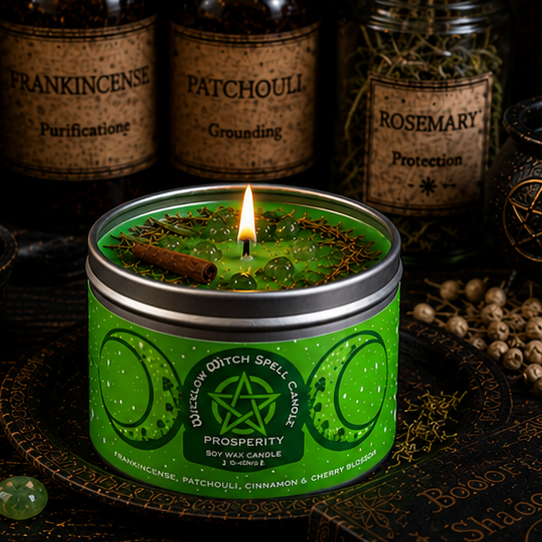 Green candle in a tin with pentacle design, surrounded by herbs and books on a dark background.