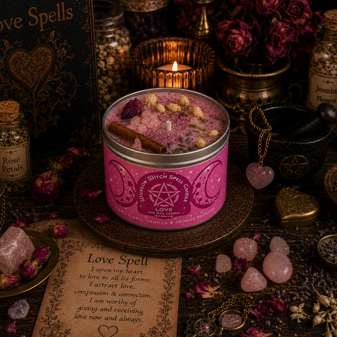 Pink candle with 'Love Spells' text surrounded by mystical items on a dark surface