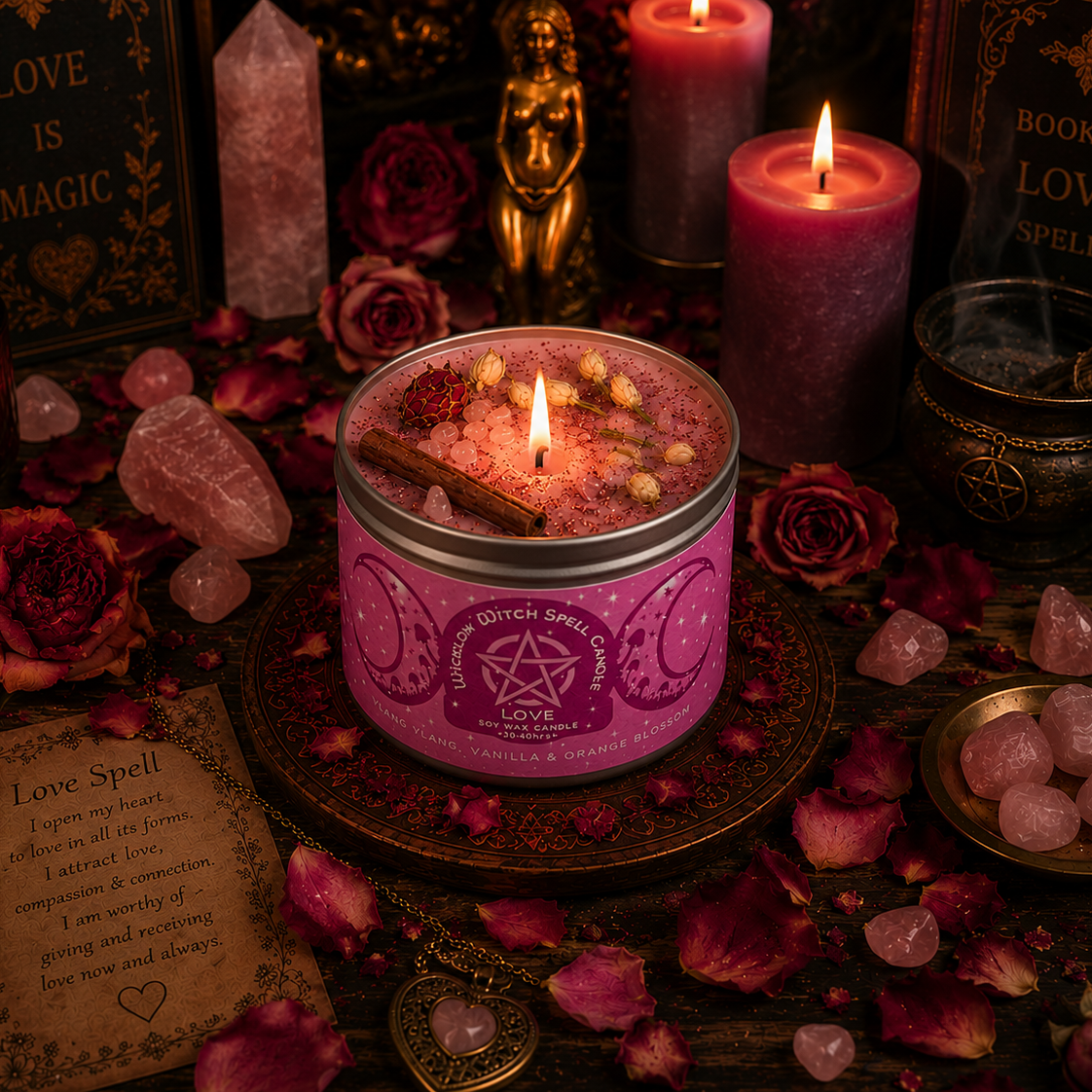 Pink candle with wiccan symbols surrounded by candles, crystals, and flowers on a dark background.