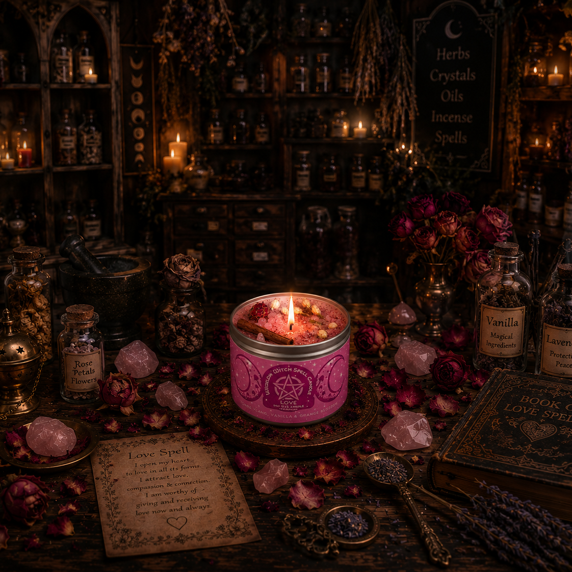 Magical potion setup with a lit candle, bottles, and crystals in a dark room.