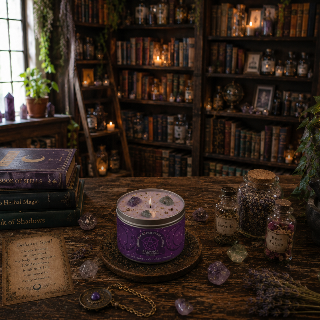 Purple candle with crystals on a wooden table in a mystical room with books and plants.