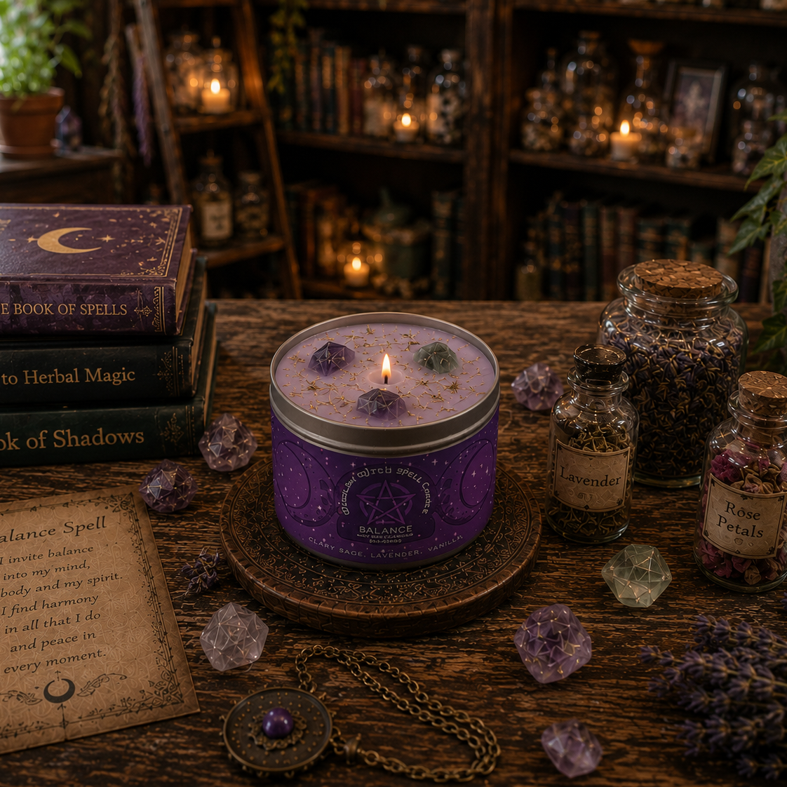 Purple candle with wiccan symbols on a wooden table surrounded by books, crystals, and jars.