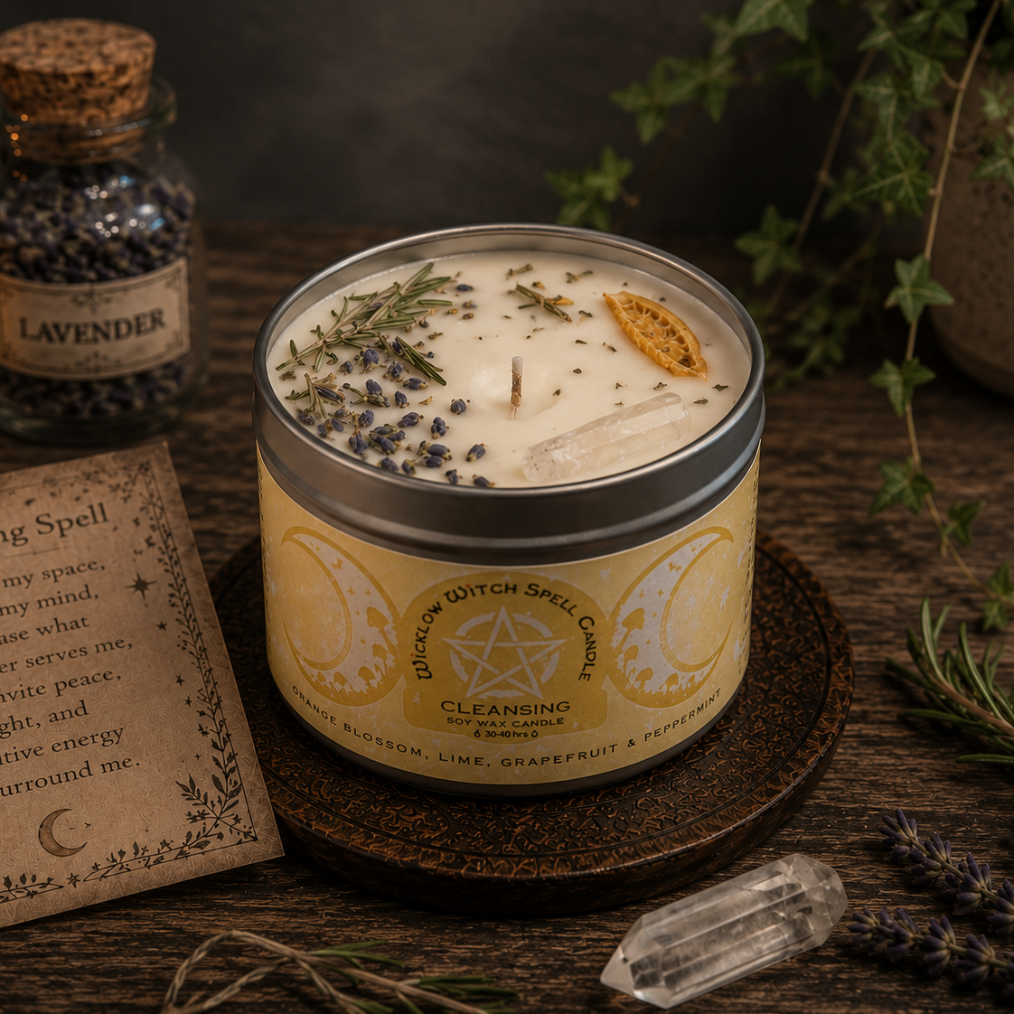 Candle with herbs on a wooden surface with a bottle labeled 'Lavender' and other decorative items.