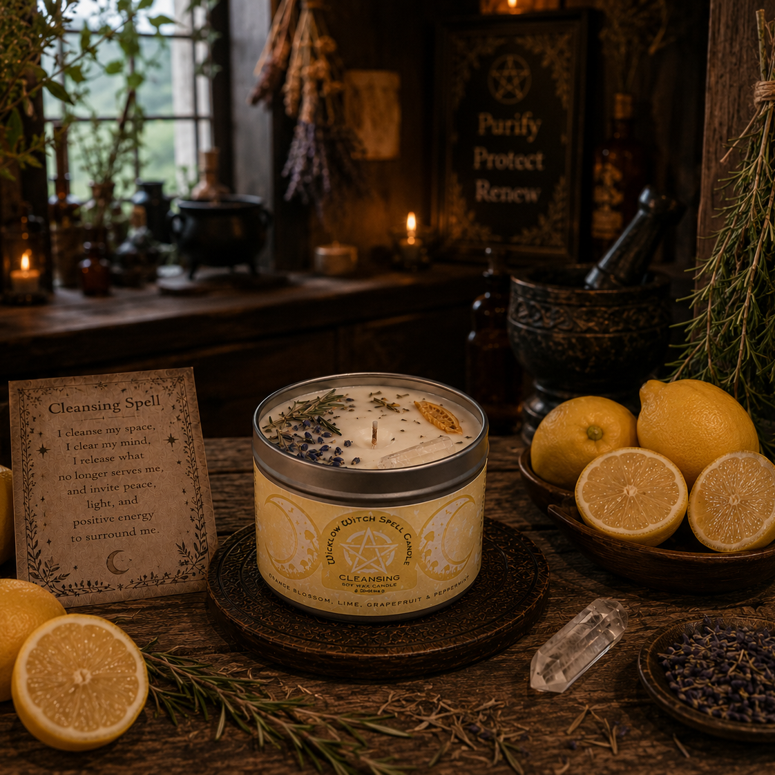 Candle with lemons and herbs on a table in a mystical setting