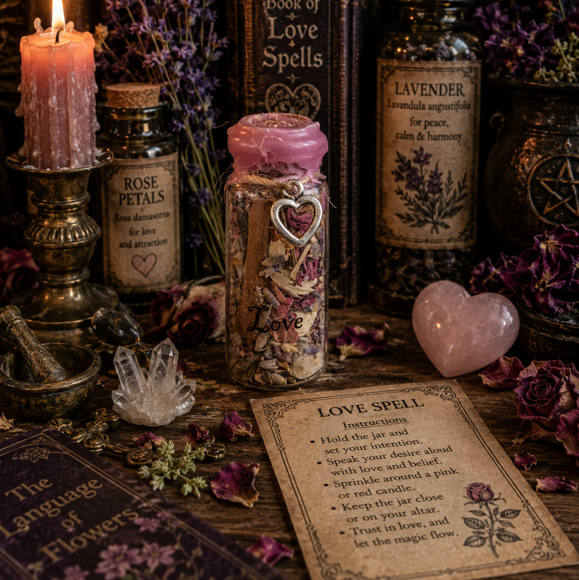 Witchcraft setup with candles, books, and magical items on a wooden surface.