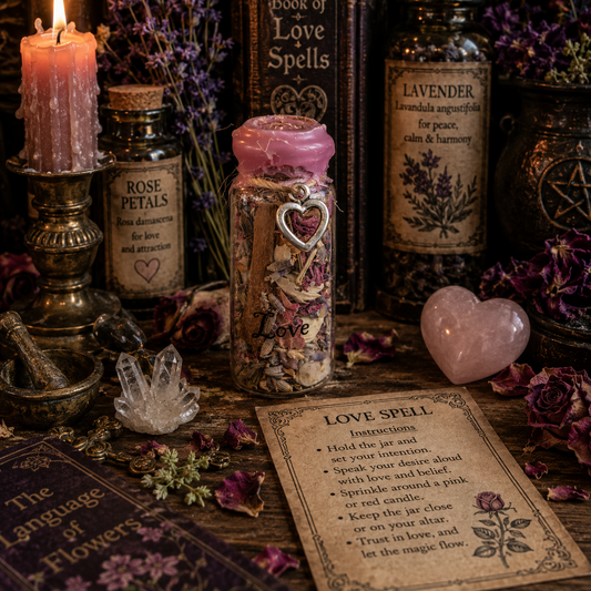 Witchcraft setup with candles, books, and magical items on a wooden surface.
