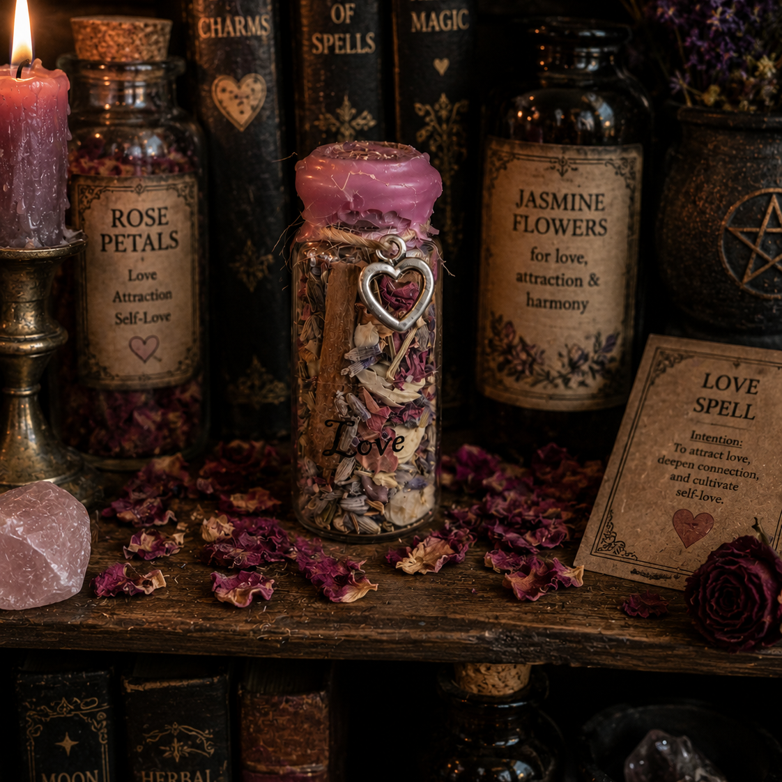 Potion bottles with labels on a shelf with books and mystical items