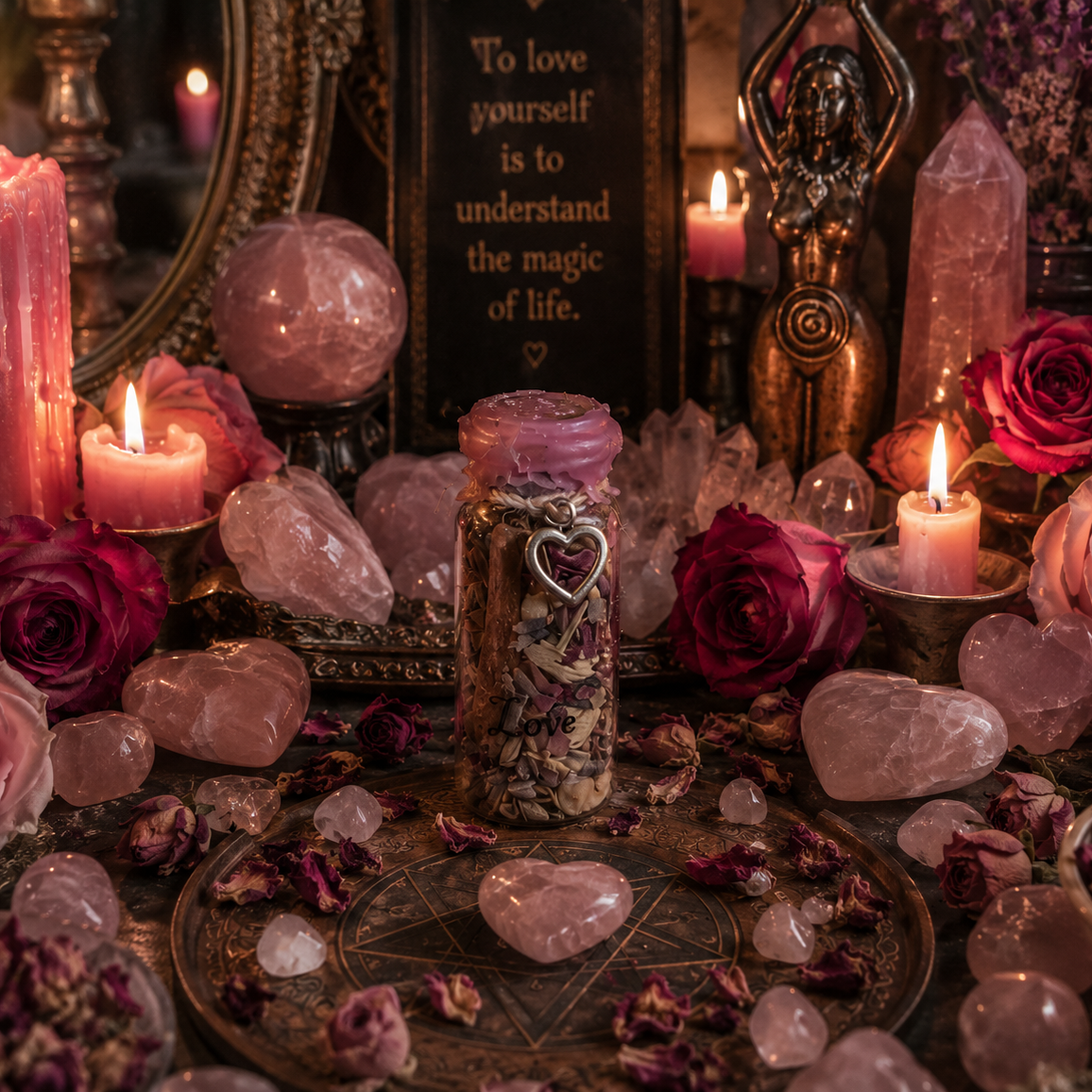 Witchcraft altar with candles, crystals, and flowers