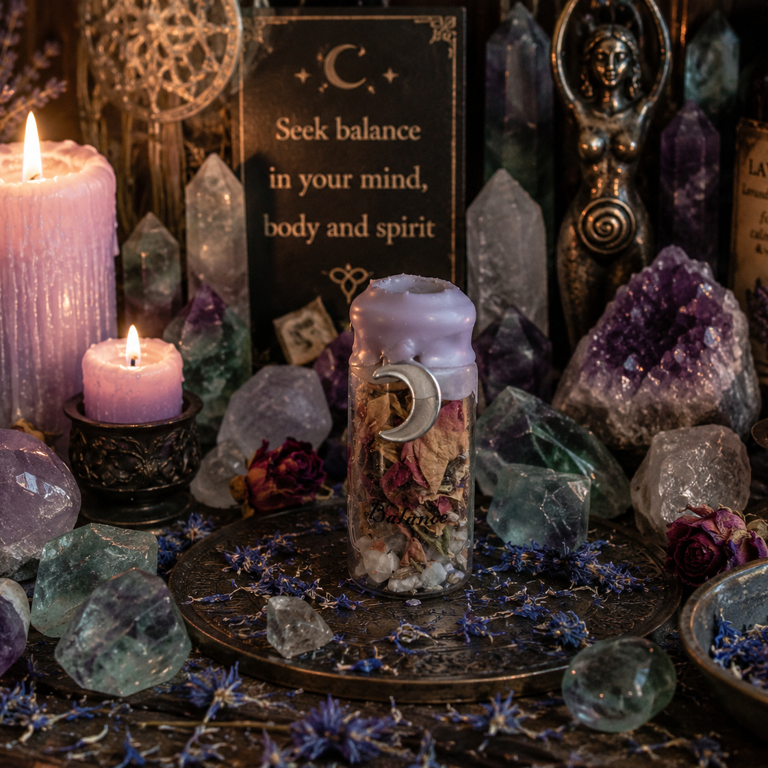 Decorative setup with candles, crystals, and a motivational quote on a dark background