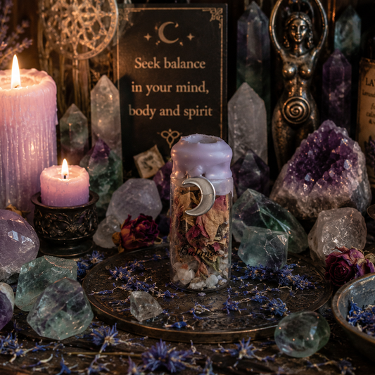 Decorative setup with candles, crystals, and a motivational quote on a dark background