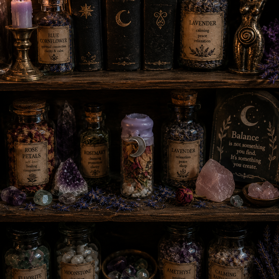Witchcraft supplies including books, bottles, and crystals on a wooden shelf.