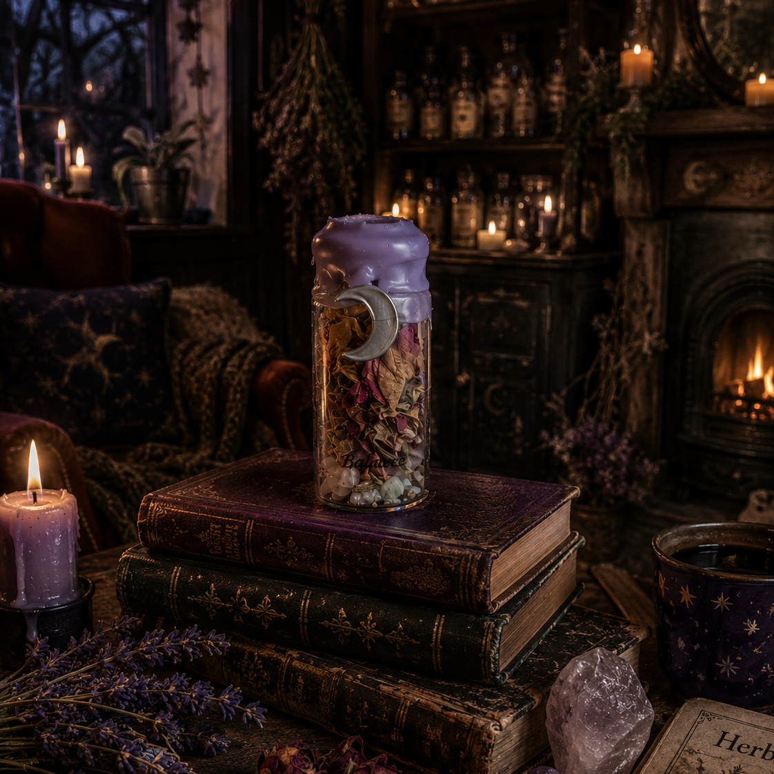 Decorative setting with candles, books, and a crystal jar in a mystical room.