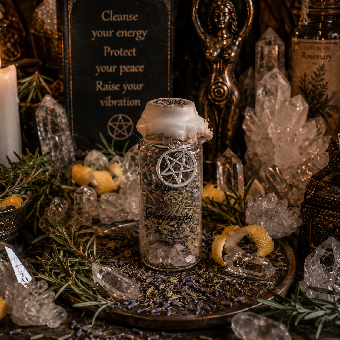 Witchcraft altar with crystals, candles, and a bottle labeled 'Witches Brew'.