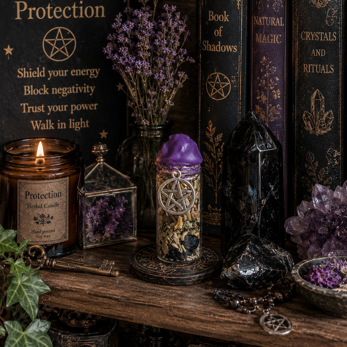Witchcraft supplies including books, candles, crystals, and a lit candle on a wooden surface.