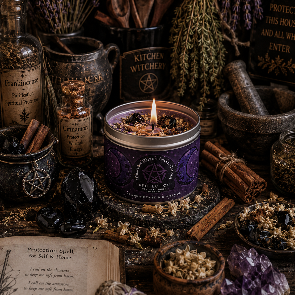 Witchy Potions protection candle surrounded by herbs, bottles, and a spellbook on a dark background