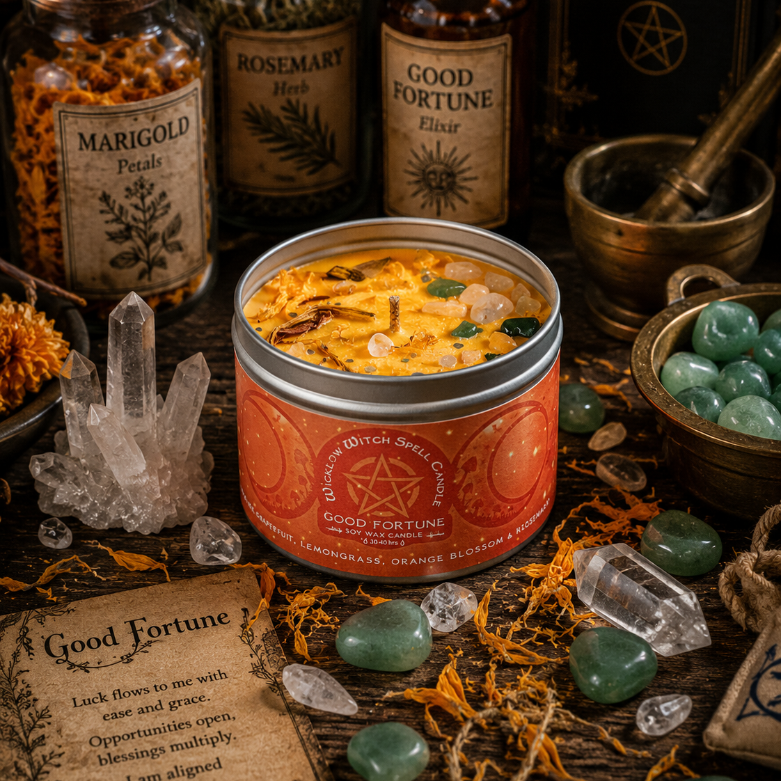Candle in a tin labeled 'Good Fortune' surrounded by herbs, crystals, and books on a dark surface.