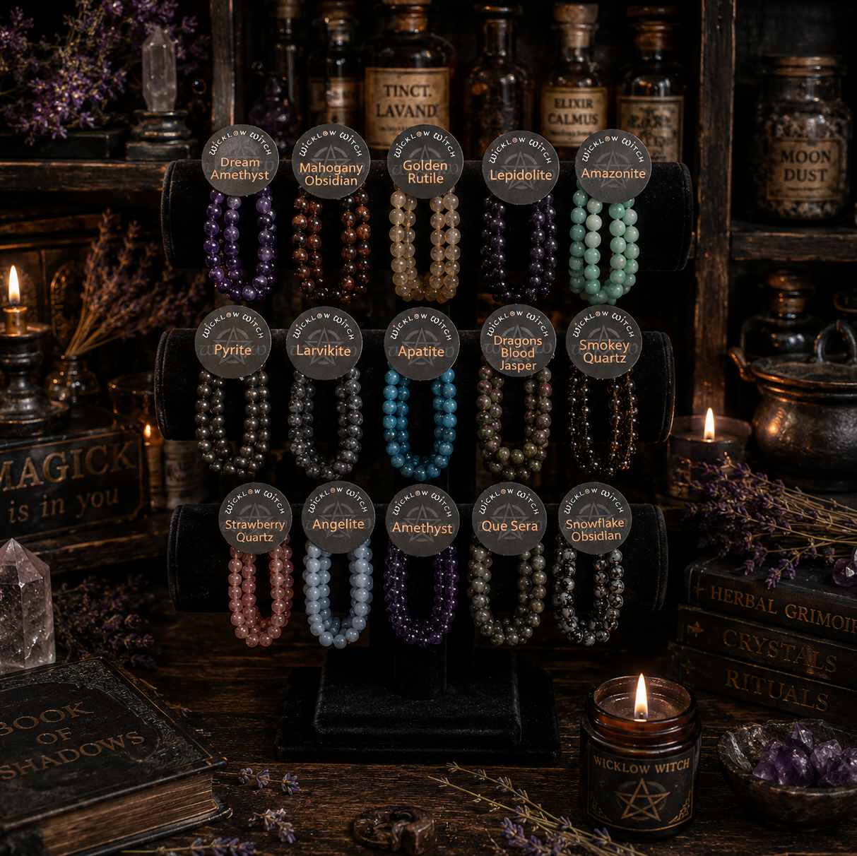 Collection of beaded necklaces on a stand with various labels in a mystical setting.