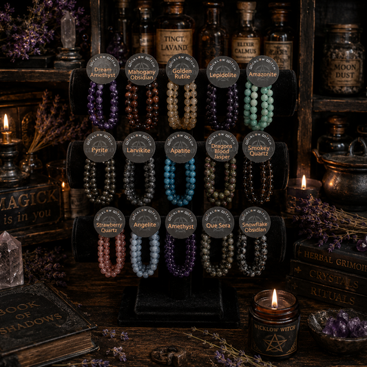 Collection of beaded necklaces on a stand with various labels in a mystical setting.
