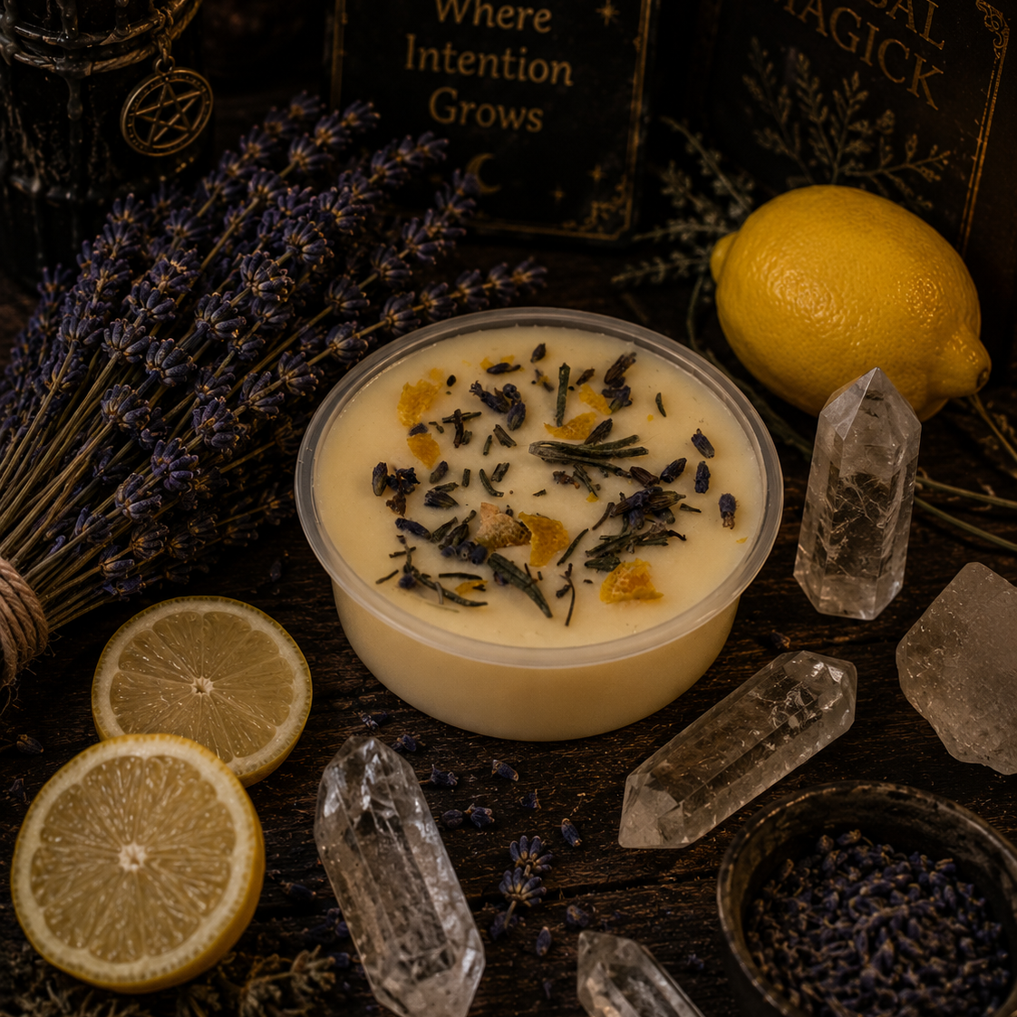 Candle, herbs, lemons, and crystals on a dark surface with 'Herbal Magick' text.
