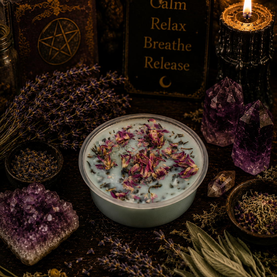  bowl of bath salts with flowers surrounded by candles, crystals, and herbs on a dark background