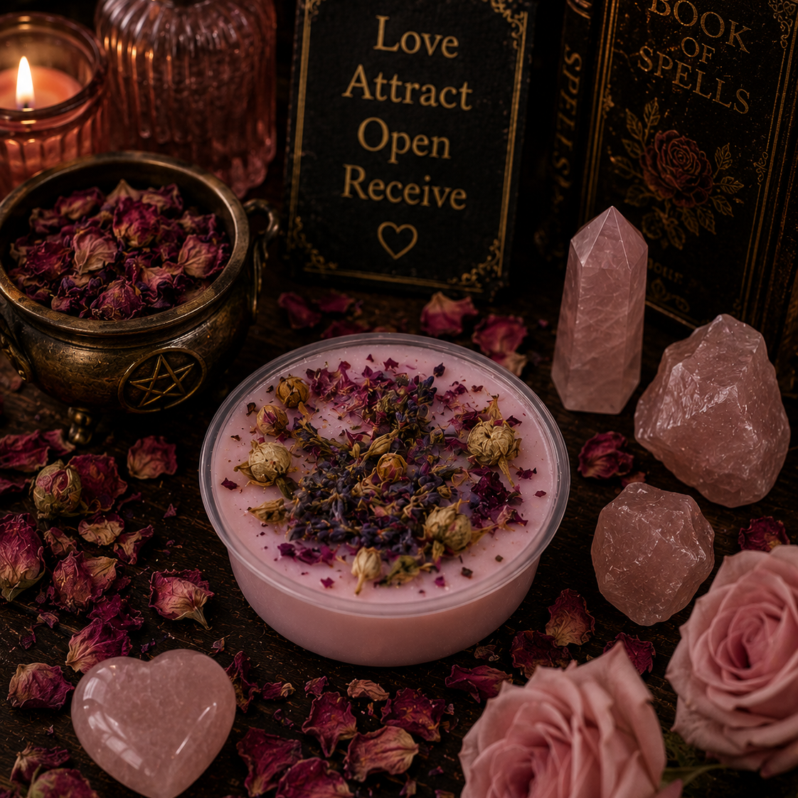 Decorative setting with a bowl of pink bath salts, flowers, crystals, and a candle.