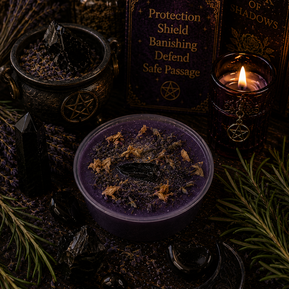 Witchcraft setup with a purple candle, 'Book of Shadows', and other mystical items on a dark background.