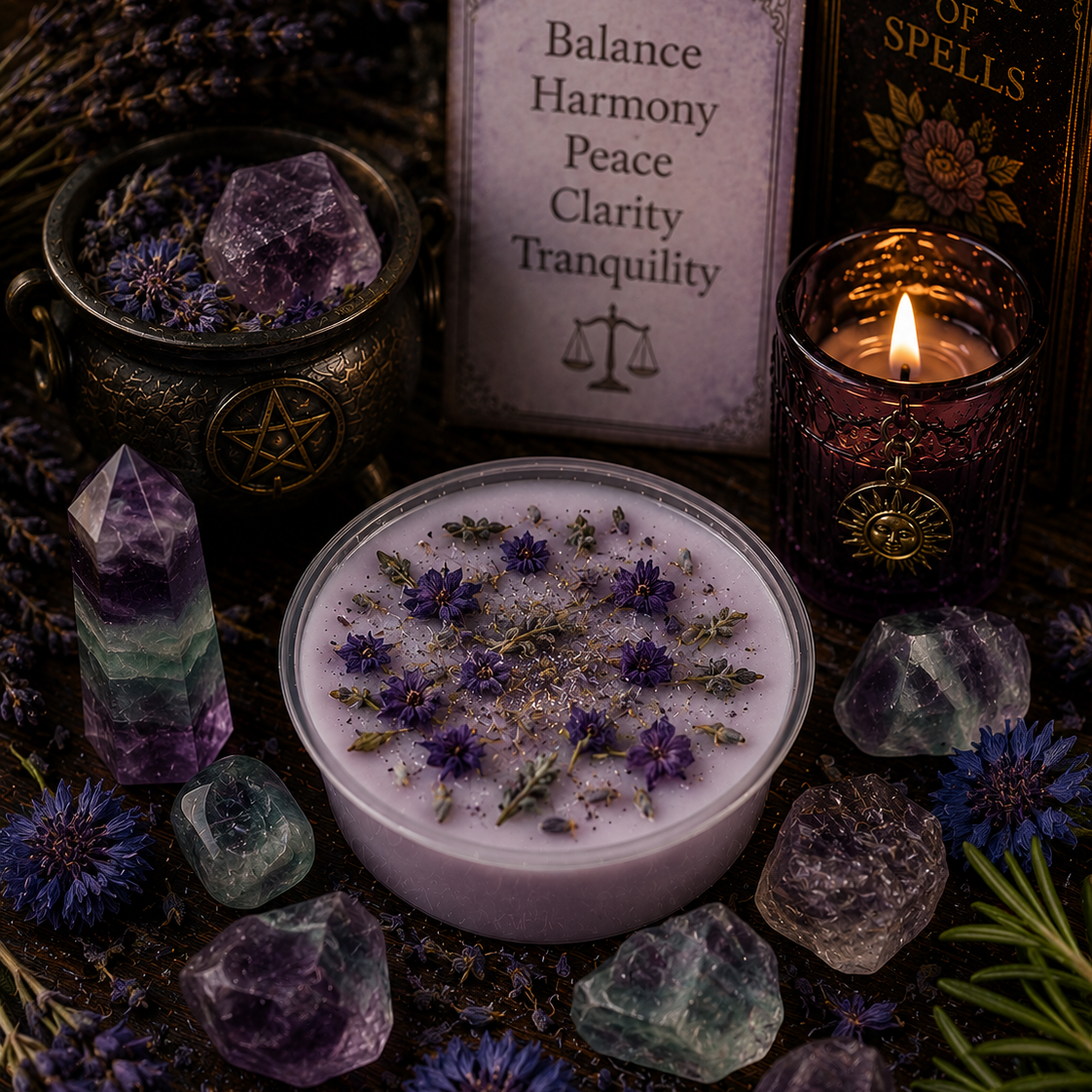 A candle with lavender flowers, surrounded by crystals and a 'Book of Spells' sign, on a dark background.