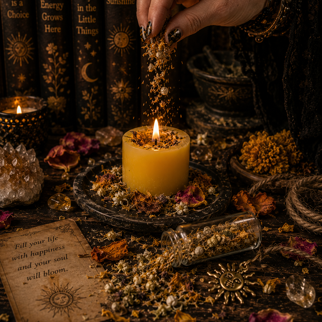 Hand performing a ritual with a candle and books in the background