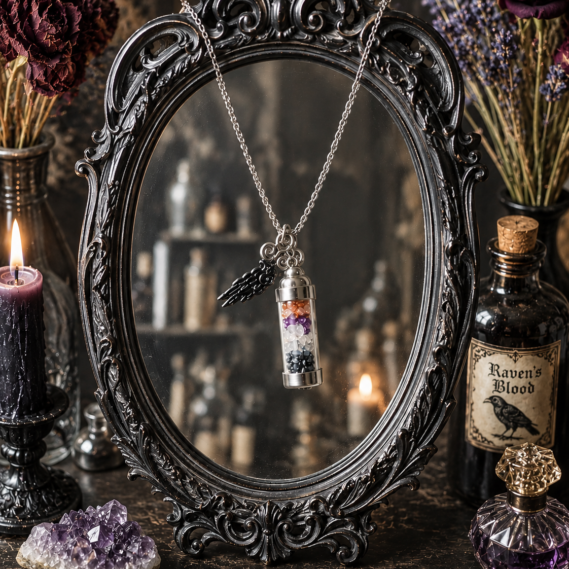 Decorative mirror with a necklace featuring a small bottle pendant on a mystical table setting.