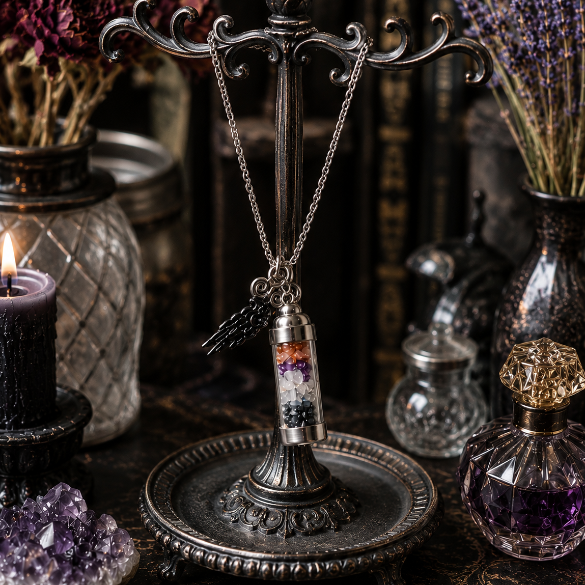 Decorative necklace on an ornate stand with candles and crystals in the background